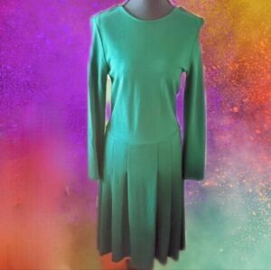 J. Crew Forest Green Long-Sleeve Pleated Skirt Dress Ponte 10 Women's Office